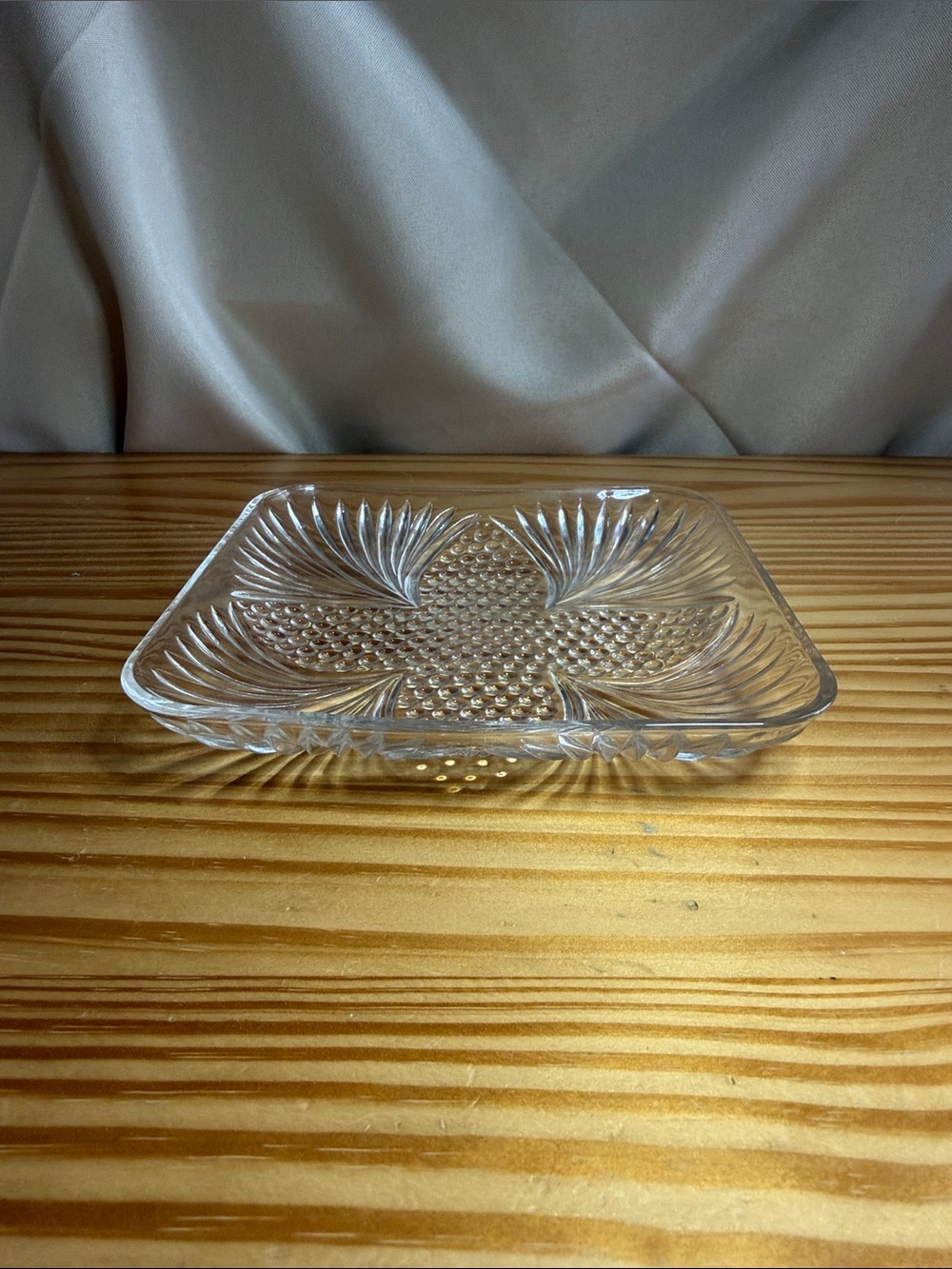Vintage Federal Glass Hobnail and Fan Clear Square Bowl Dish 6"